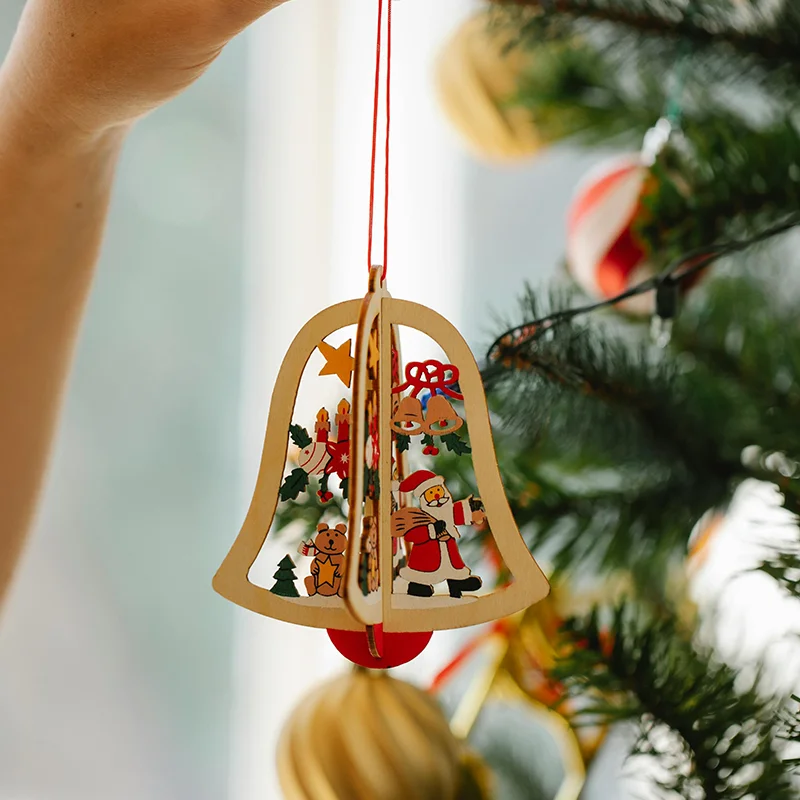 3D Christmas Wooden Hanging Pendant Star Xmas Tree Bell Christmas Ornament Merry Xmas Party Decoration For Home Navidad New Year