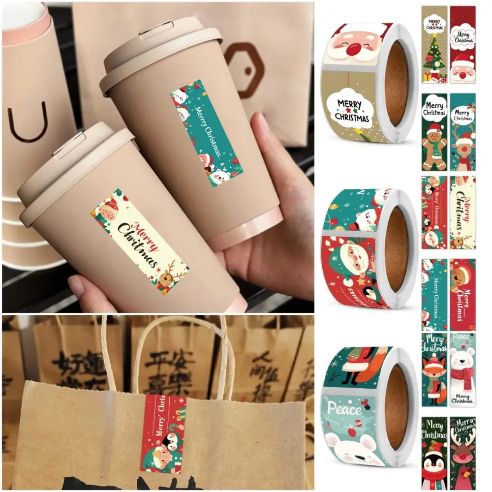 120PCS Multicolor Merry Christmas Stickers 7.6*2.5cm Mixed Pattern Packaging Decals Cartoon Santa Snowman Xmas Tree Deer