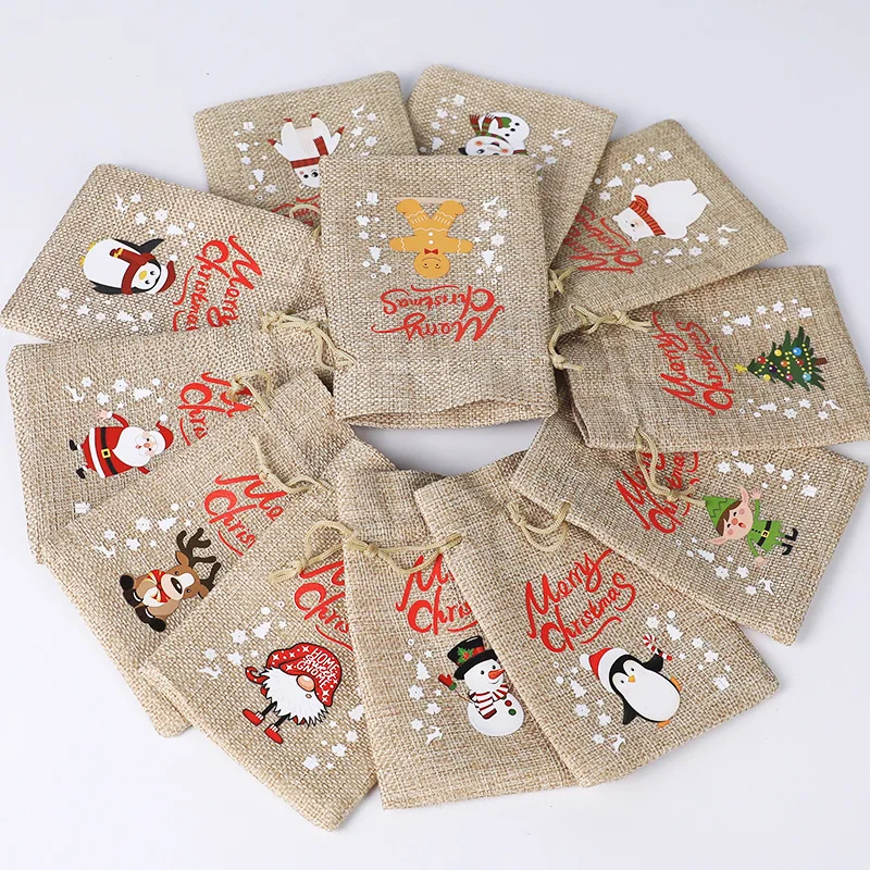 50pcs/Lot 10*15cm Merry Christmas Cartoon Linen Bags Presents Wrapping Bag Xmas Tree Ornament Christmas New Year Decoration