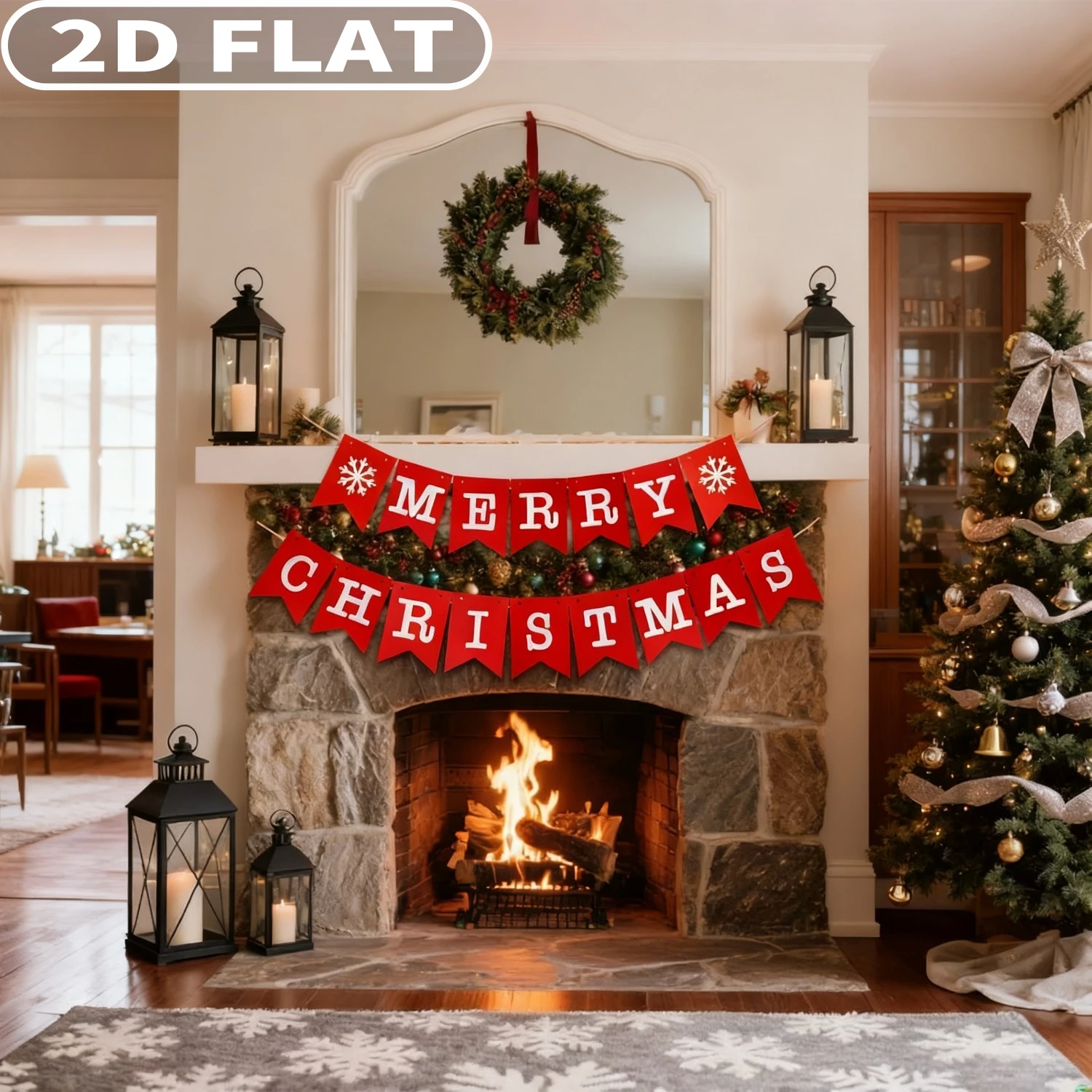 16Pcs Merry Christmas Party Packs Merry Christmas White Red Xmas Bunting Garland Hanging Decorations, Durable Polyester