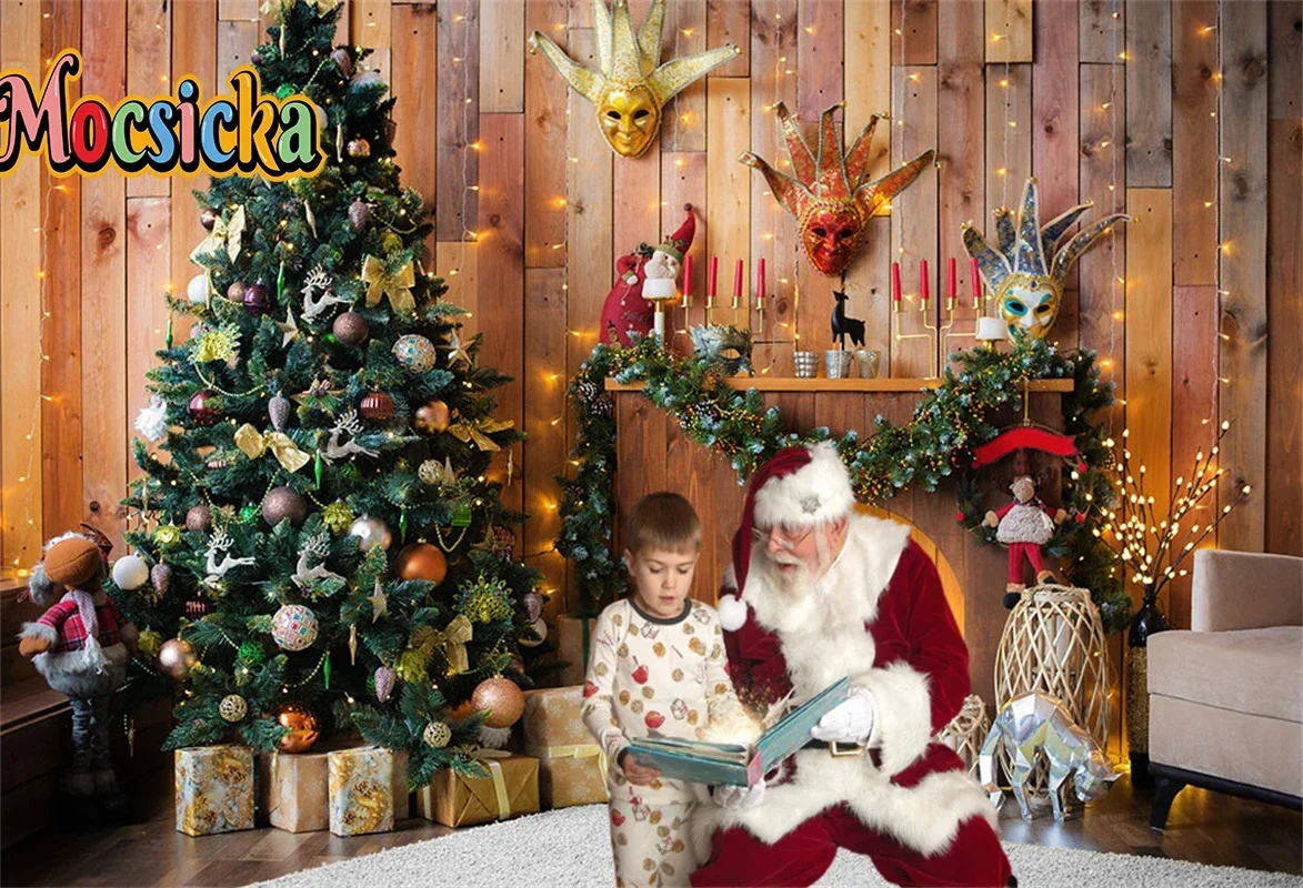 Merry Christmas Photography Background Decor Fireplace Xmas Tree Wood House Family Portraits Backdrop Studio Custom Props