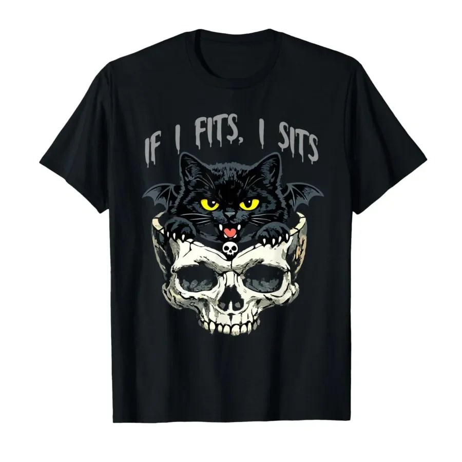 If It Fits I Sit Black Cat Skull Minimalist Meme Humor T-shirt For Men Women 100% Cotton T Shirts Short Sleeve Tops 0417-1
