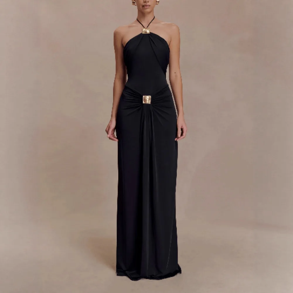Temperament Elegant Halter Neck Party Dresses Women Metal Decoration Folds Package Hip Slim  Sleeveless Long Dress Trendy New
