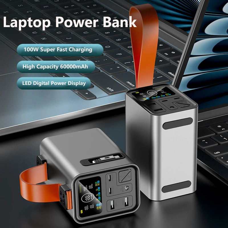 Power Bank 60000mAh with 12V 24V DC USB Type C Retractable Cable PD100W Fast Charging Powerbank for Laptop iPhone Samsung Xiaomi