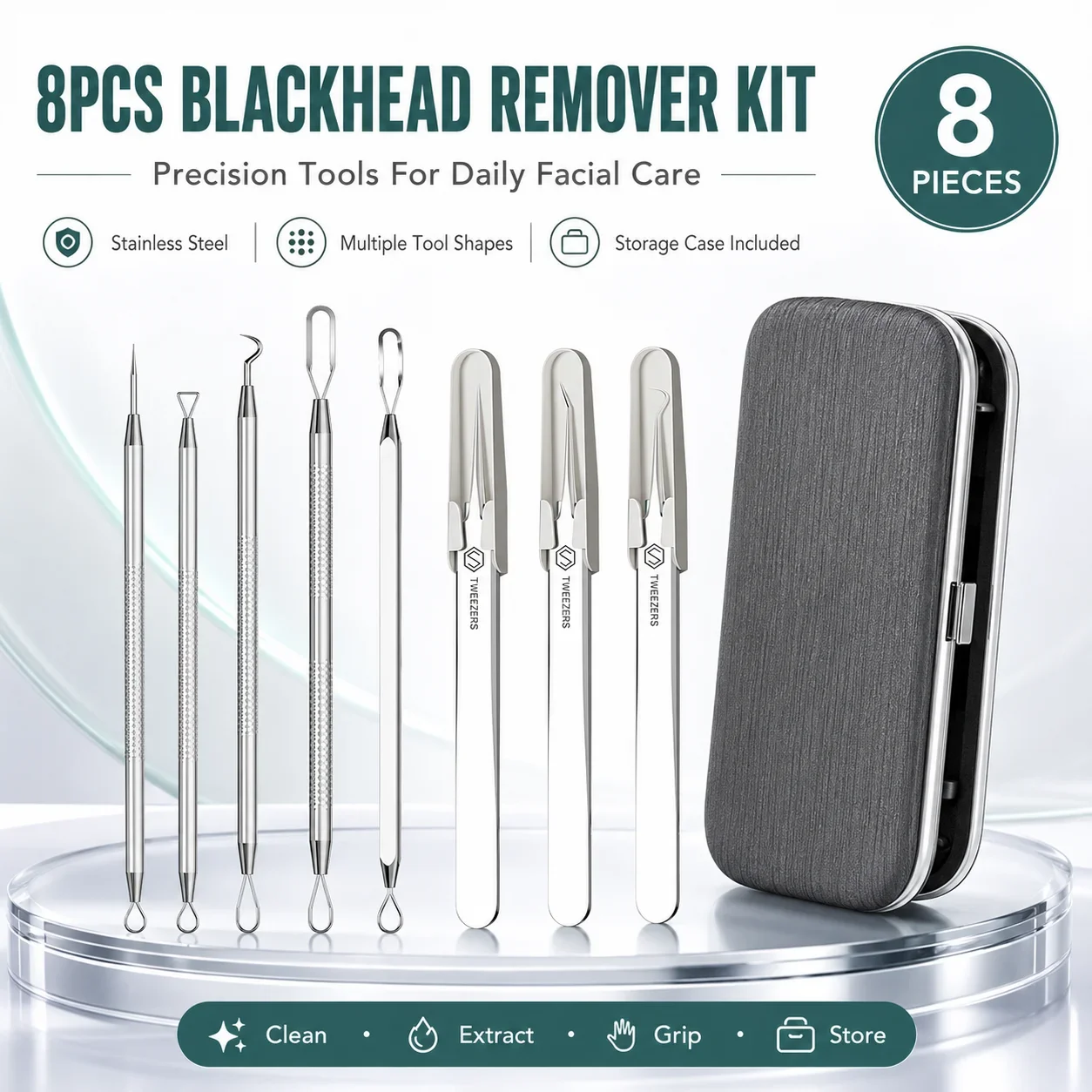 8PCS Blackhead Remover Tool Kit Stainless Steel Comedone Extractor Acne Needle Tweezers Facial Pore Cleaner Set with Travel Case