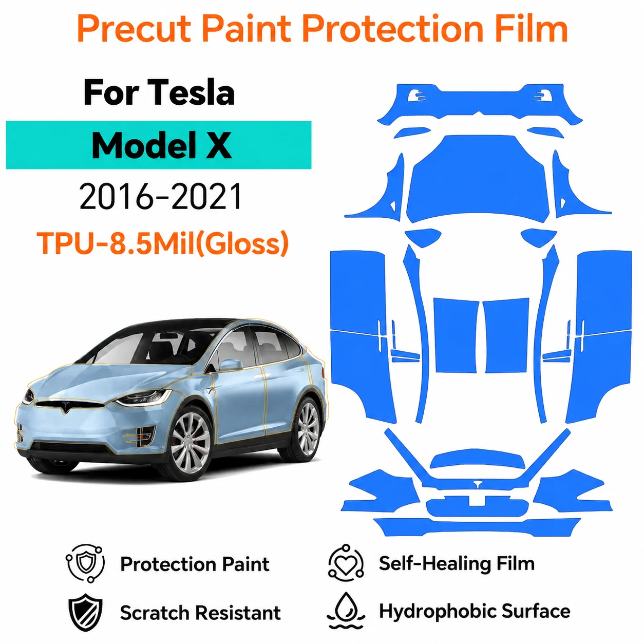 For Tesla Model X 2016-2021 Precut Paint Protection Film 8.5mil TPU Anti-Scratch Car Exterior Invisible Film Repairable Cover