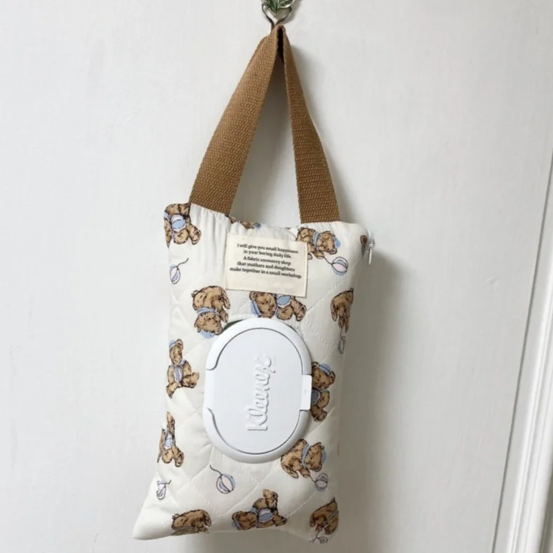 Korean Quilted Tissue Pouch Bear Car Organizer Balloon Wipes Case Ins Style Hanging Dispenser Stroller Travel Wet Wipe Holder