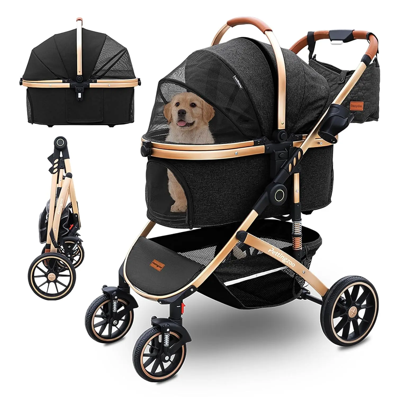 4-Wheel Pet Stroller For Small/Medium/Large Dogs & Cats Up To 60lbs, Removable Carrier, Storage, Cup Holder, 3-in-1 Detachable