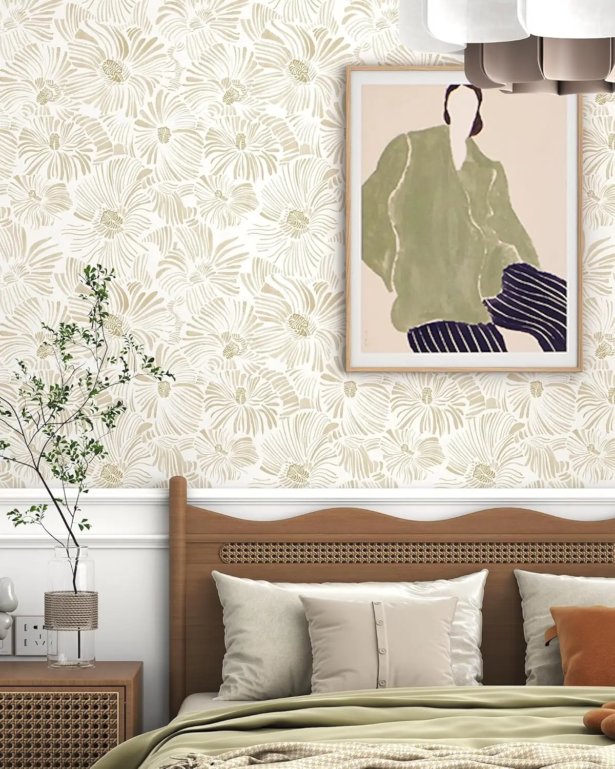 Modern Peel and Stick Wallpaper Boho Beige Striped Self Adhesive Wallpaper Floral Removable Contact Paper for Cabinets Bedroom