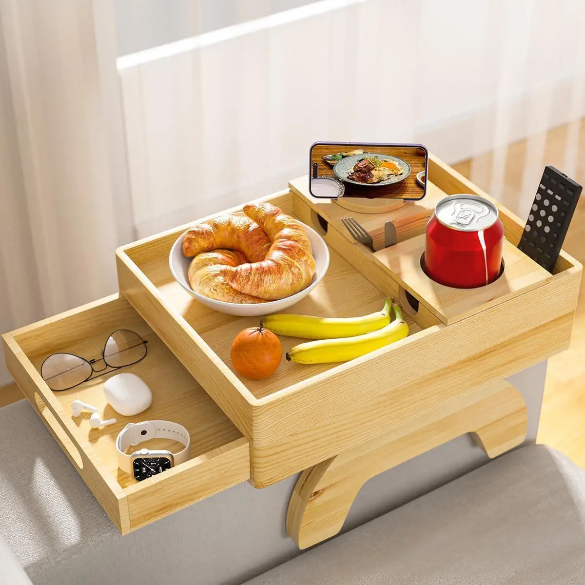 Bamboo Couch Cup Holder Tray Drawers 360° Rotating Eco-Friendly Phone Stand Foldable Portable Side Table for Sofa Arm