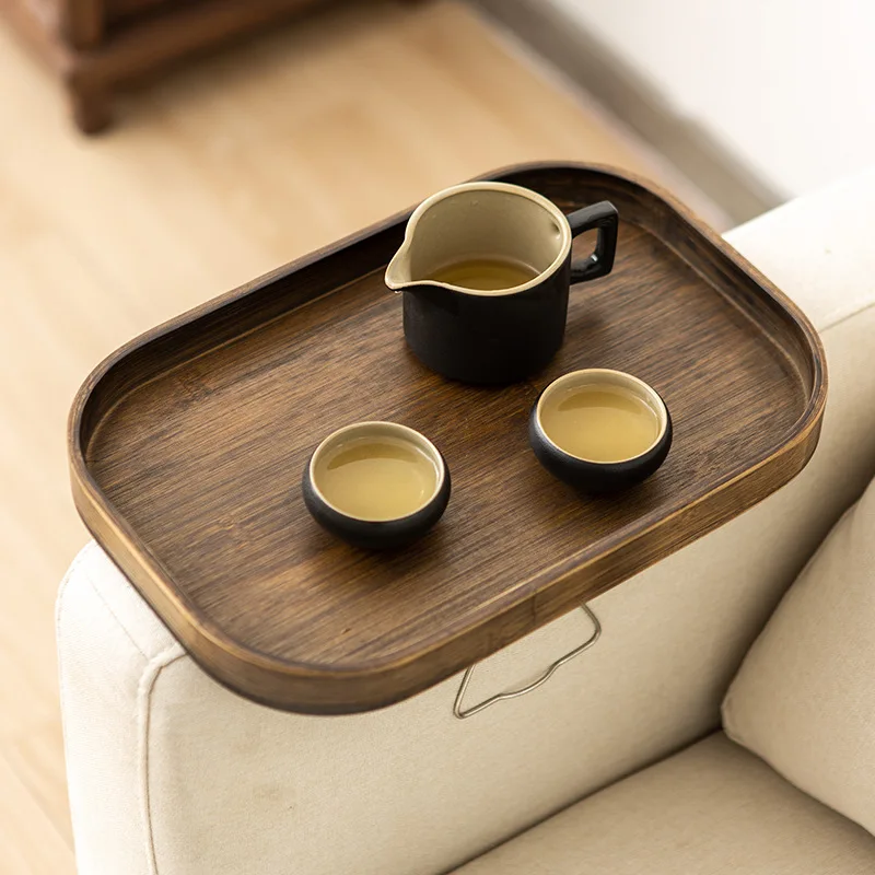 Sofa Armrest Tray Table Foldable Couch Arm Tray for Food & Drinks Sturdy Bamboo Sofa Side Table for Living Room (Square/Round)