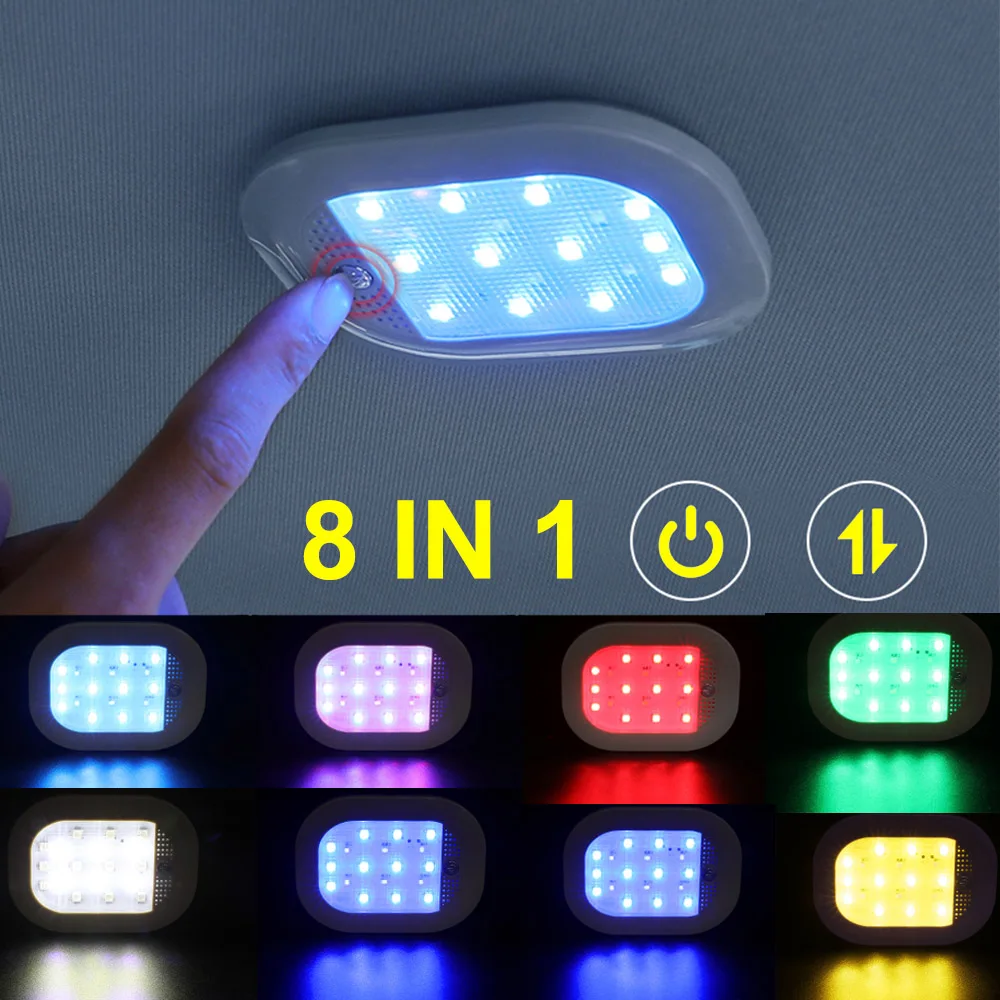 8in1 RGB USB Car Interior Lights LED for Roof Car Atmosphere Ambient Llight Ceiling Dome Lamp Wireless