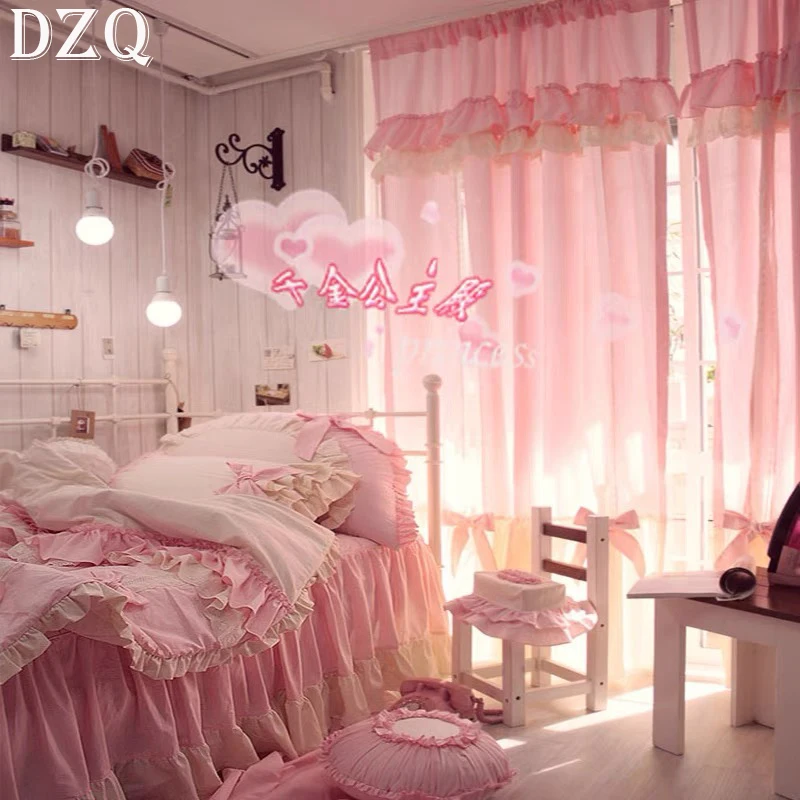 French Elegant Multistory Lace Curtains Living Room Princess Cotton Pink Lace Curtains for Balcony Wedding Curtains #A579