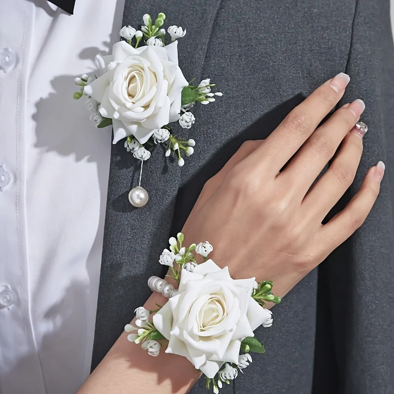 [2pcs Elegant Rose Corsage Set] 2pcs Elegant Rose Corsage and Wrist Flower Set in Polyester Fiber for School Events, Parties