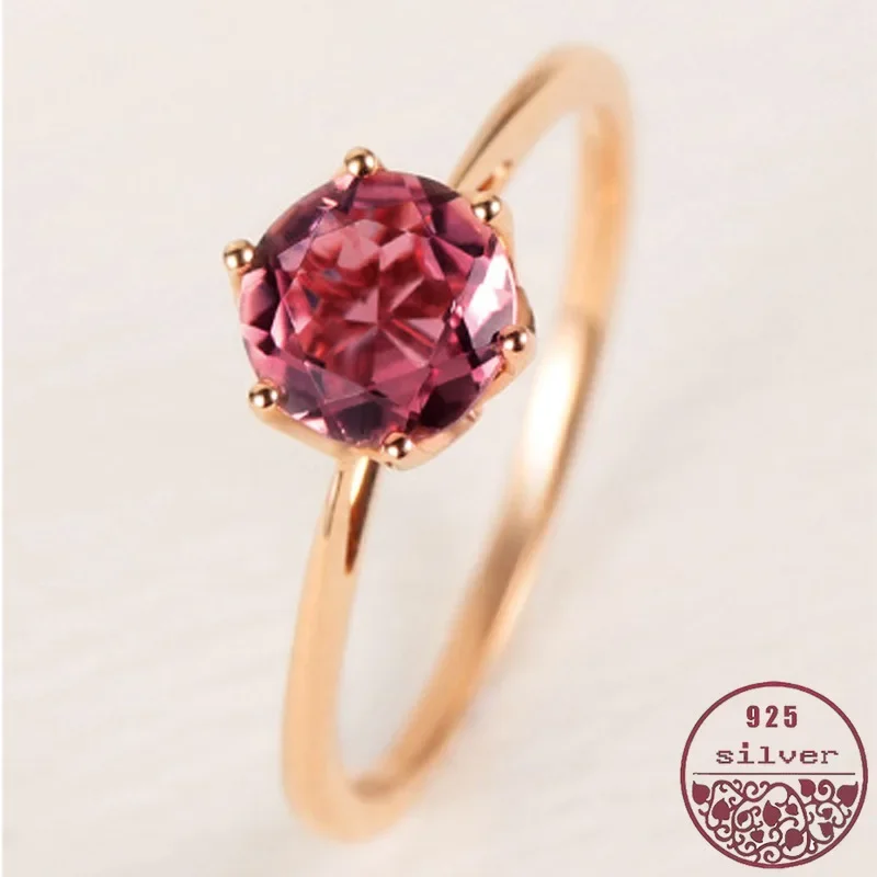 925 Rose gold ruby ring Single diamond inlaid round candy light luxury six-claw elegant pomegranate rings