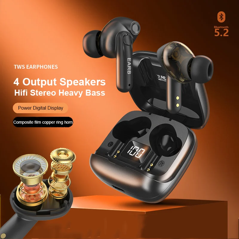 Bluetooth 5.2 6mm+10mm Four Speaker In Ear Earphones Call Noise Cancellation Hifi Stereo TWS Power Digital Display Sport Earbuds