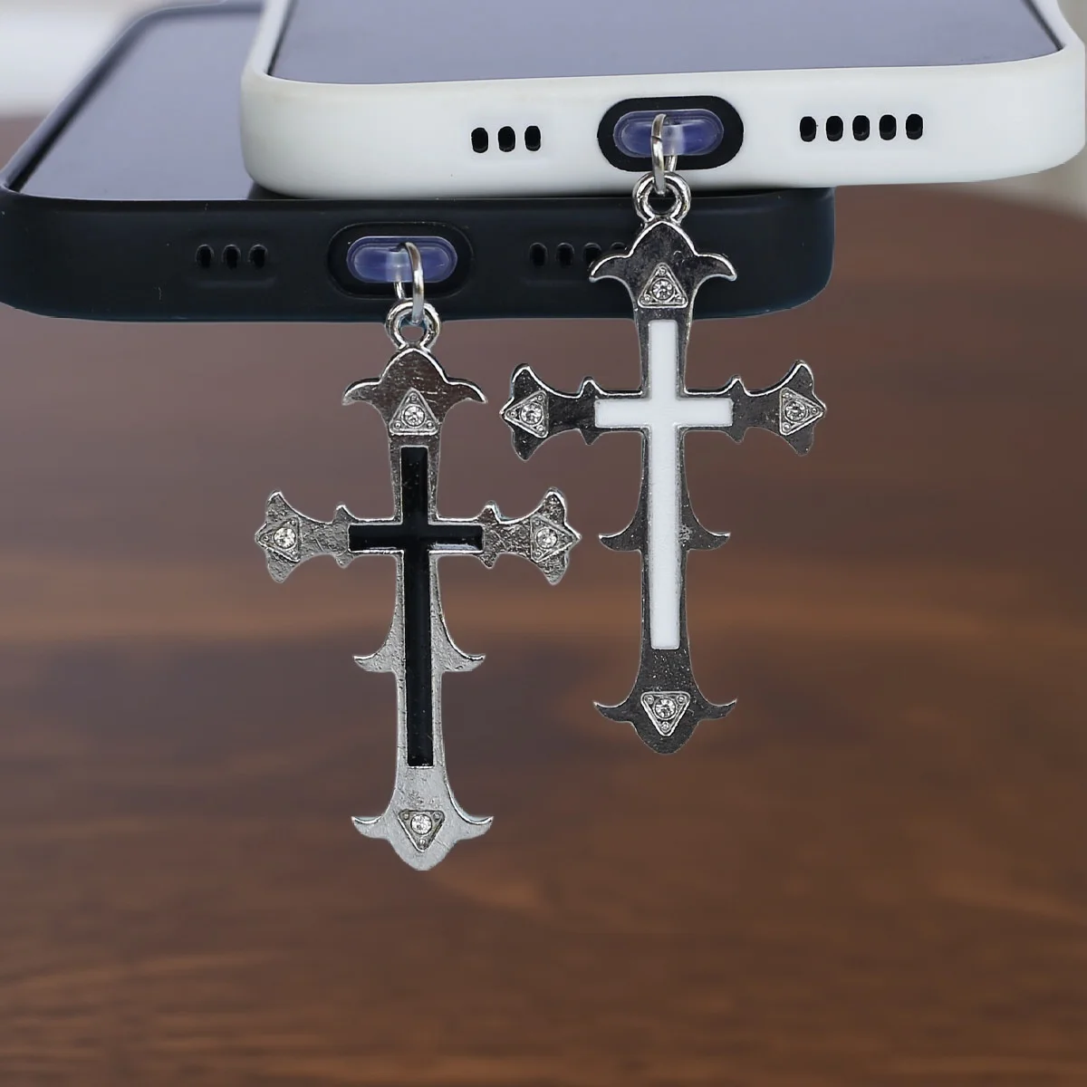 1pc Crystal Stone Cross Black And White Phone Dust Plug Pendant Accessories Decoration Suitable For Iphone Type-c Port Dust