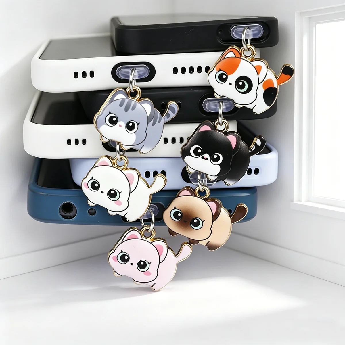 Cute Kitten Multi Color Phone Dust Plug Pendant Cat Alloy Material Accessorie Decoration For Iphone Type-c Port Gift Lanyard