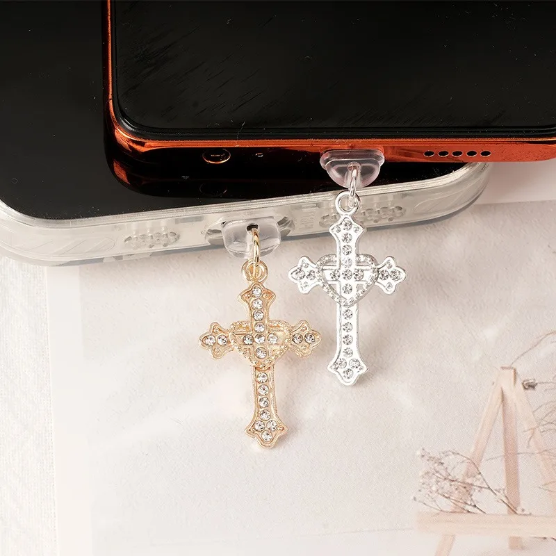 Cute 3D Crystal Cross Phone Dust Plug Accessories Decoration Hanging Pendant for iPhone for Samsung Type-C Charging Port