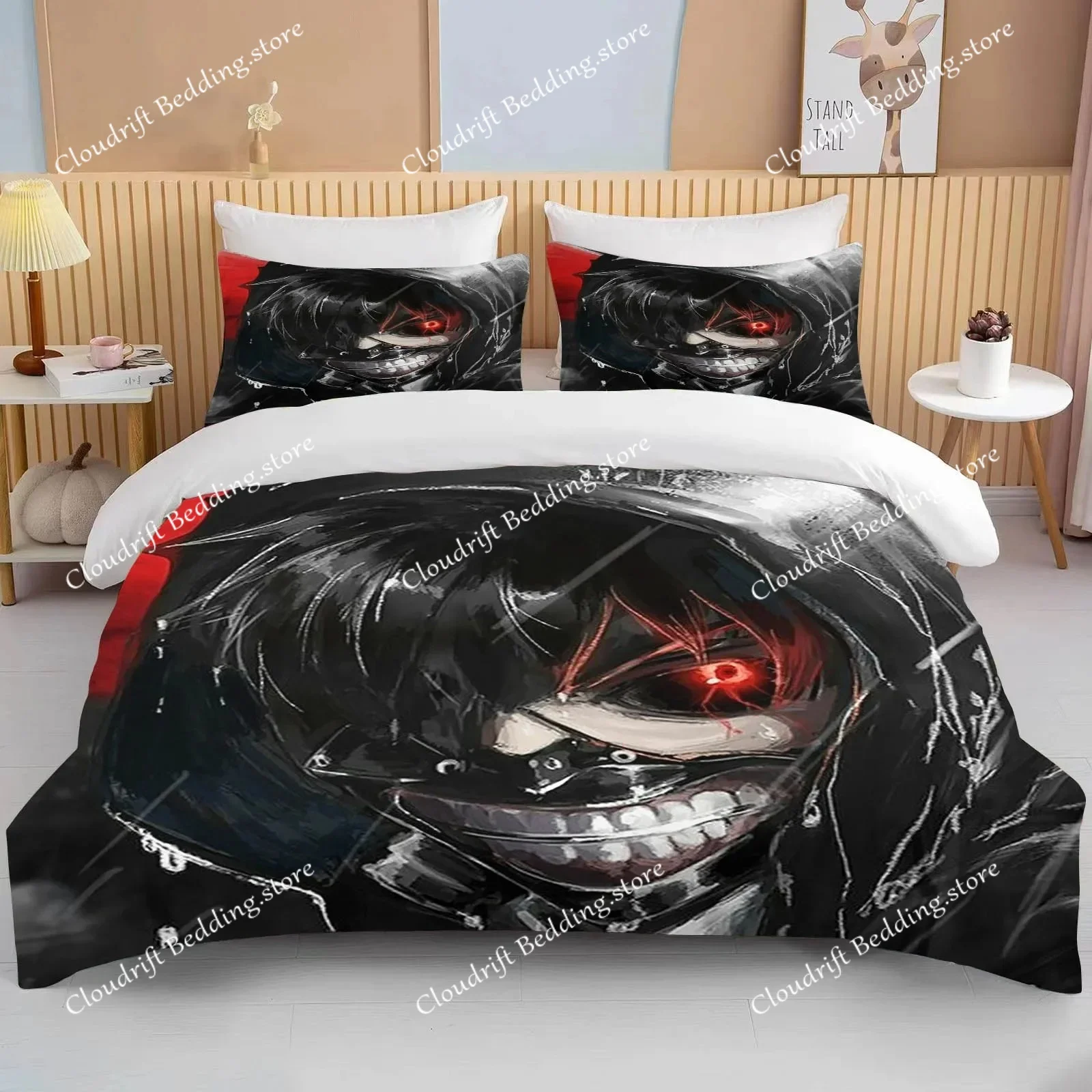 New Japan Tokyo Ghoul Bedding Set Kaneki Ken Anime Bedding Set Black White Duvet Cover Set Boy Home Textile 3d Quilt Bed Linens