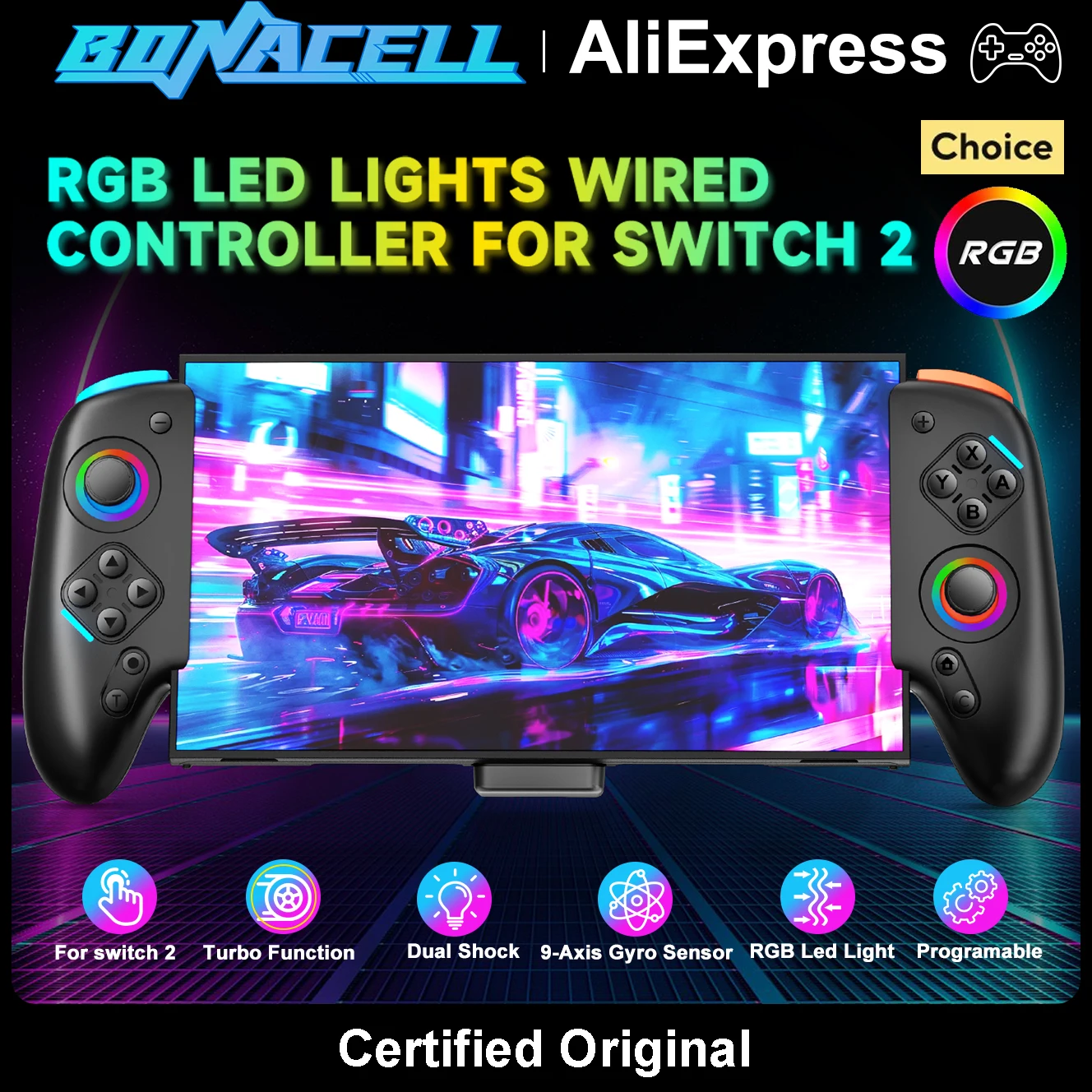 For Nintendo Switch 2 Joycon Controller Wired RGB 9-Axis Joypad,Gamepad W/Dual Shock Turbo/Marco Programable Game Pad Joystick