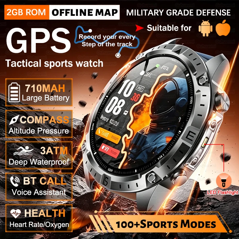 2026 Tactical GPS Smart Watch Men 2GB ROM Offline Map Compass 710mAh 3ATM Waterproof Outdoor Sports Smartwatch BT Call Flashligh