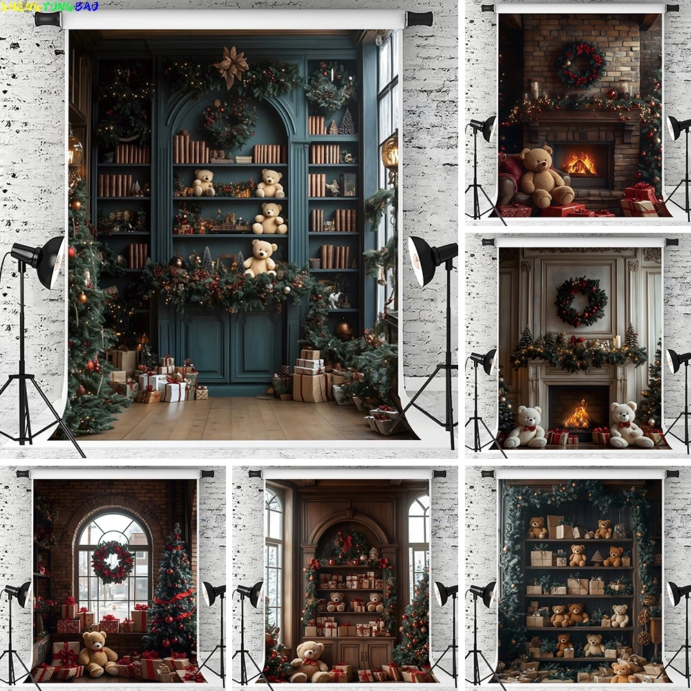 Christmas Photography Backgrounds 2024 Merry Christmas Fireplace Bear Xmas Tree Indoor Decoration Banner Kid Portrait Photo Prop