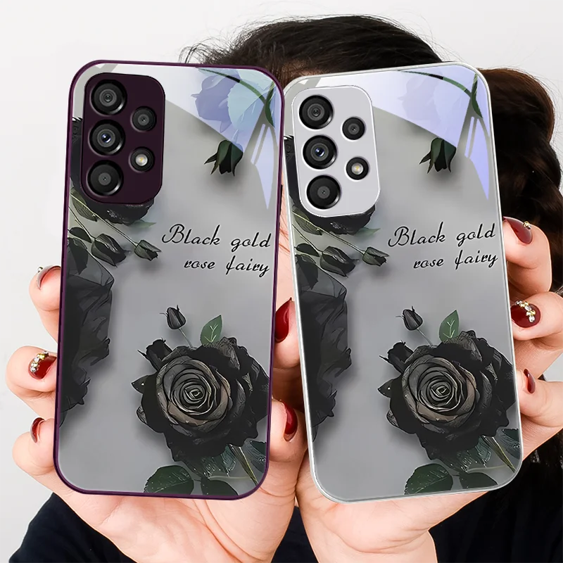 Hot Stamping Rose Black For Samsung Galaxy S24 Plus S20 21 FE S23 Ultra S8 9 A70 72 73 50 51 52 53 Tempered Glass Phone Case