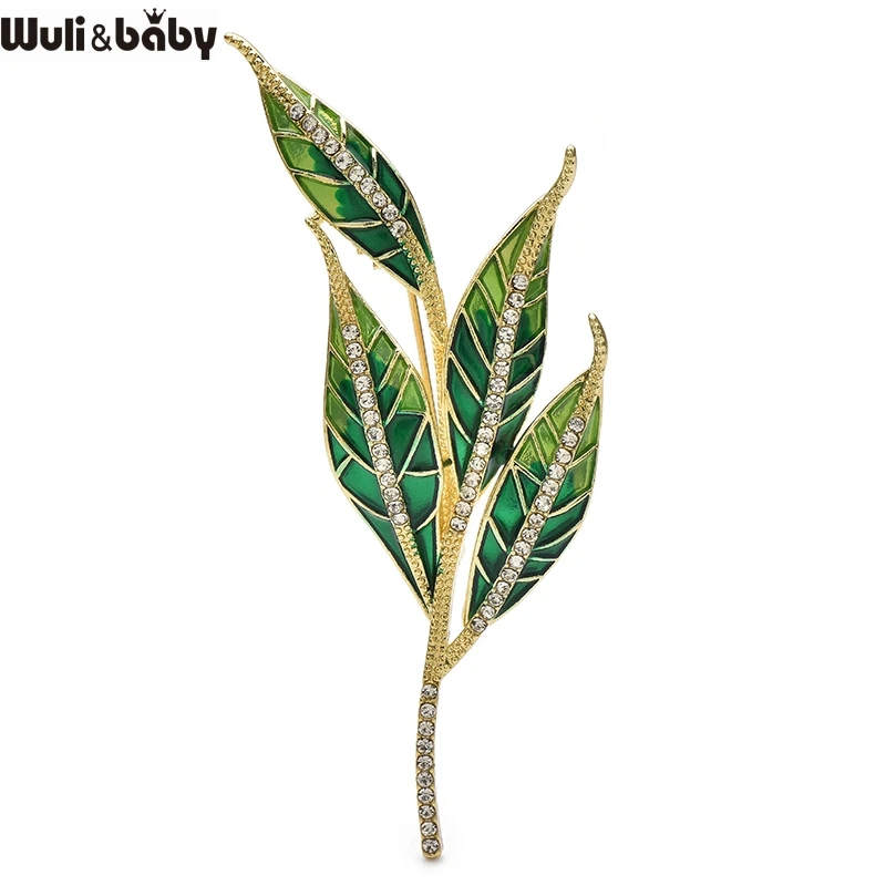 Wuli&baby Green Enamel Leaves Brooch Pins Metal Rhinestone Simple Plants Brooches For Women's Clothes Backpack Gits