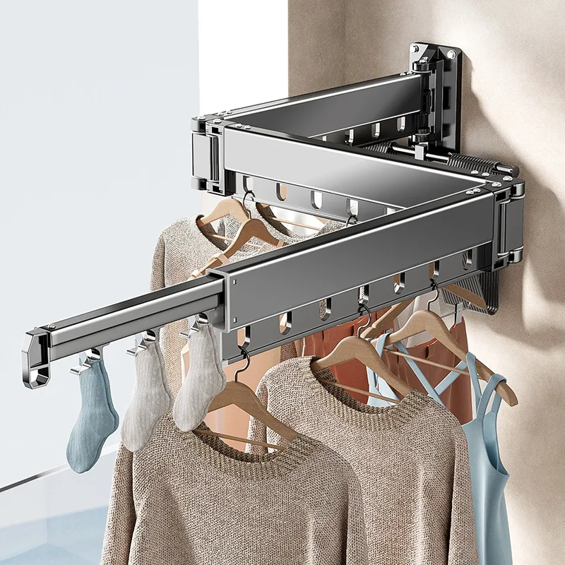 Simple Rotating Folding Clothes Drying Rack Balcony Bathroom Bay Window Wall Mounted Invisible Telescopic Clothes Drying Pole