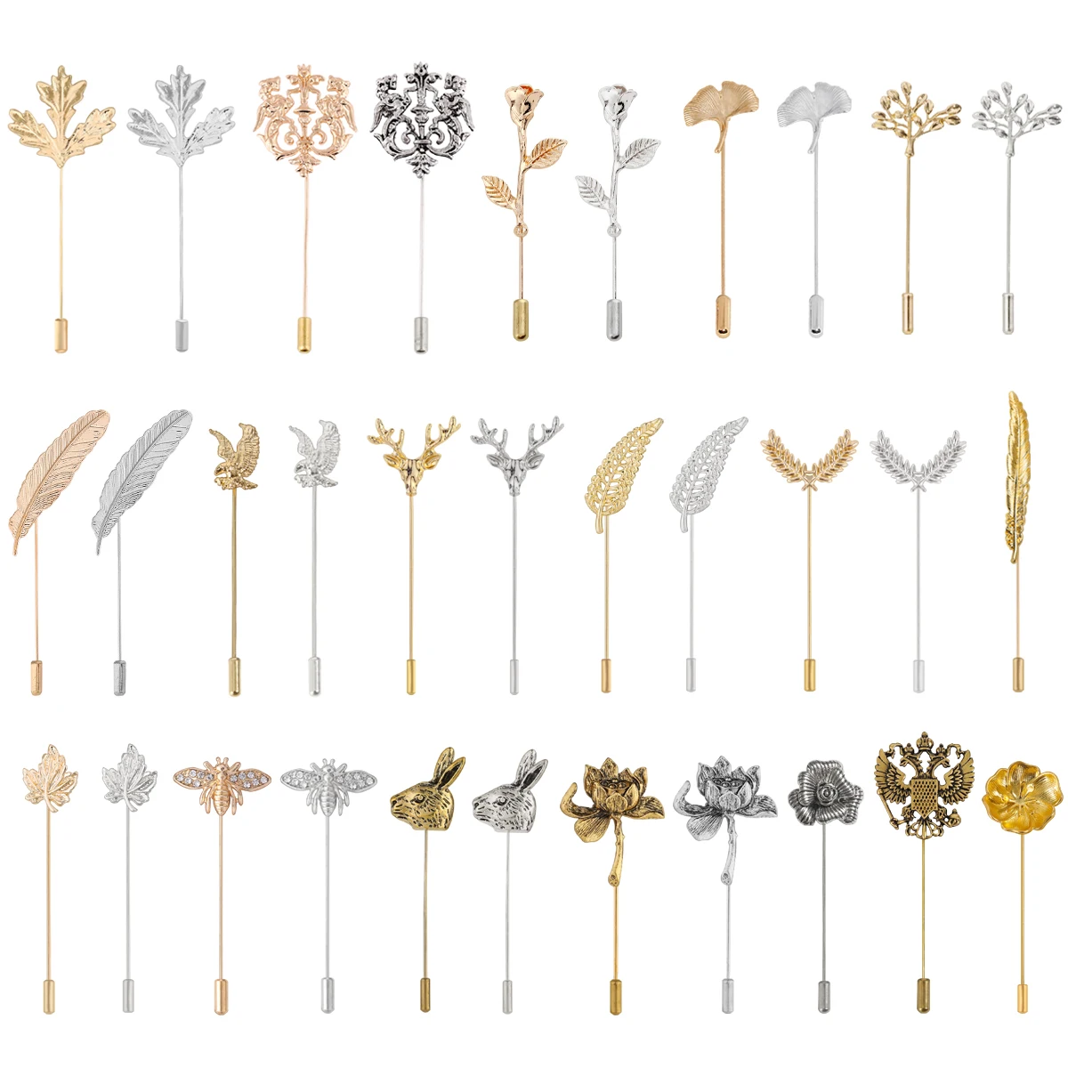 Simple Clothes Decorative Accessory Maple Ginkgo Leaf Feather Deer Eagle Rabbit Bee Lotus Flower Badge Long Brooch Pins Ornament