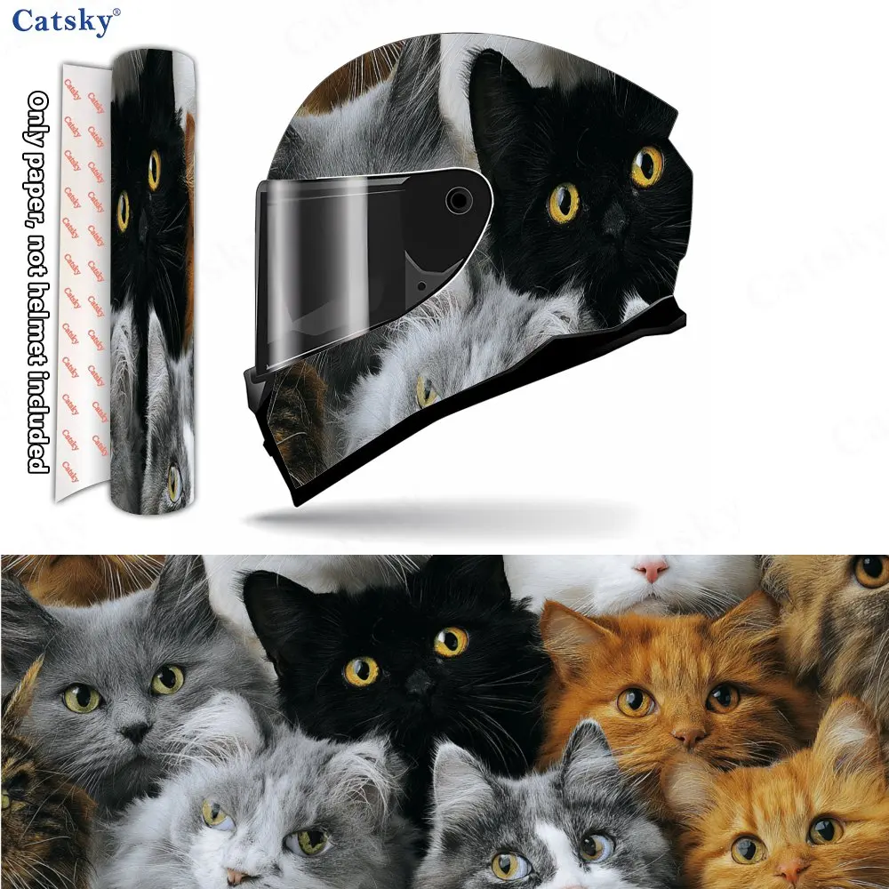Cute Pet Multi-Cat Group Helmet Vinyl Wraps, Waterproof Scratch-Resistant Full Face Helmet Decals, Durable PVC Artistic Design,
