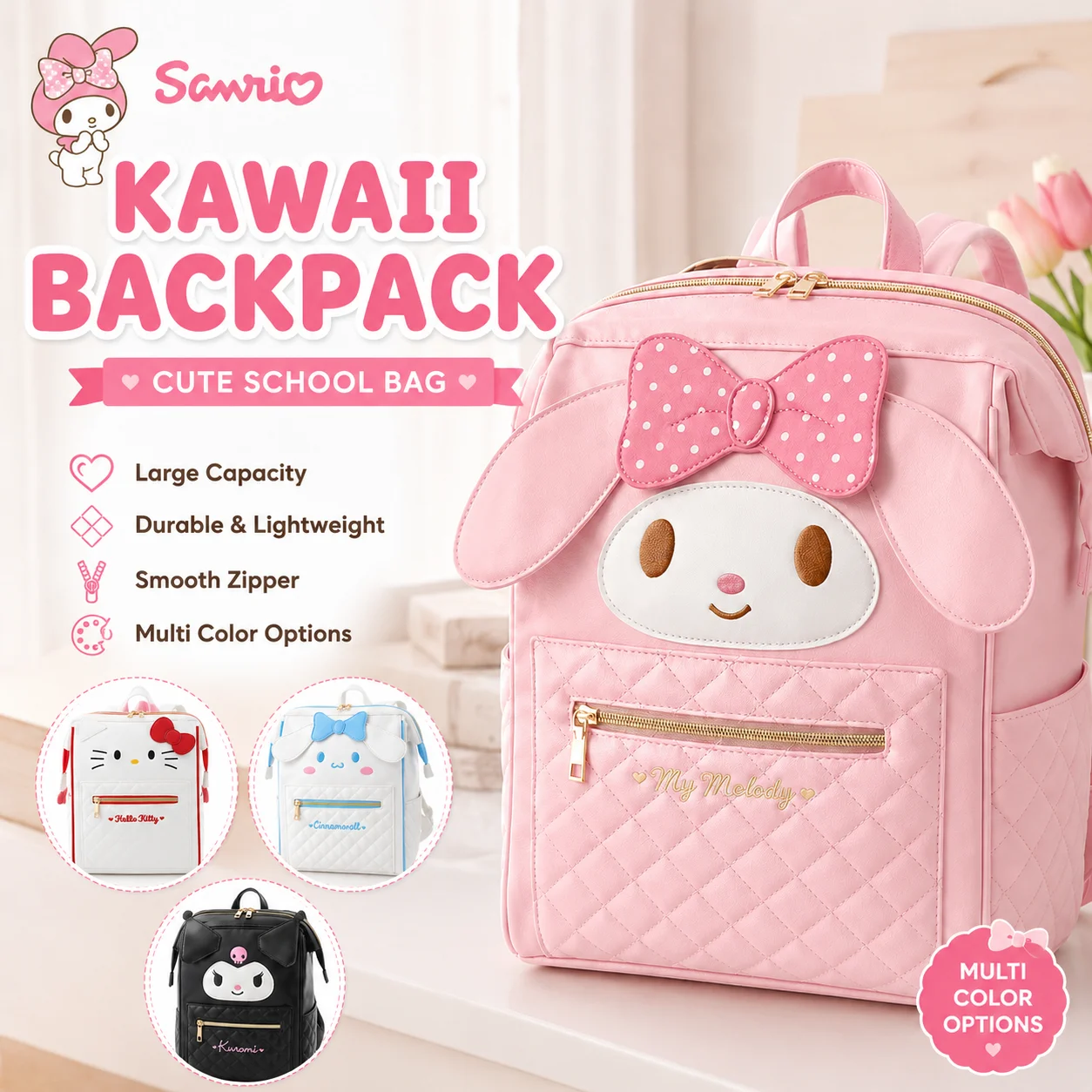 Kawaii Sanrio Backpack My Melody Kuromi Hello Kitty Cinnamoroll PU Leather Large Capacity Cute School Bag Women