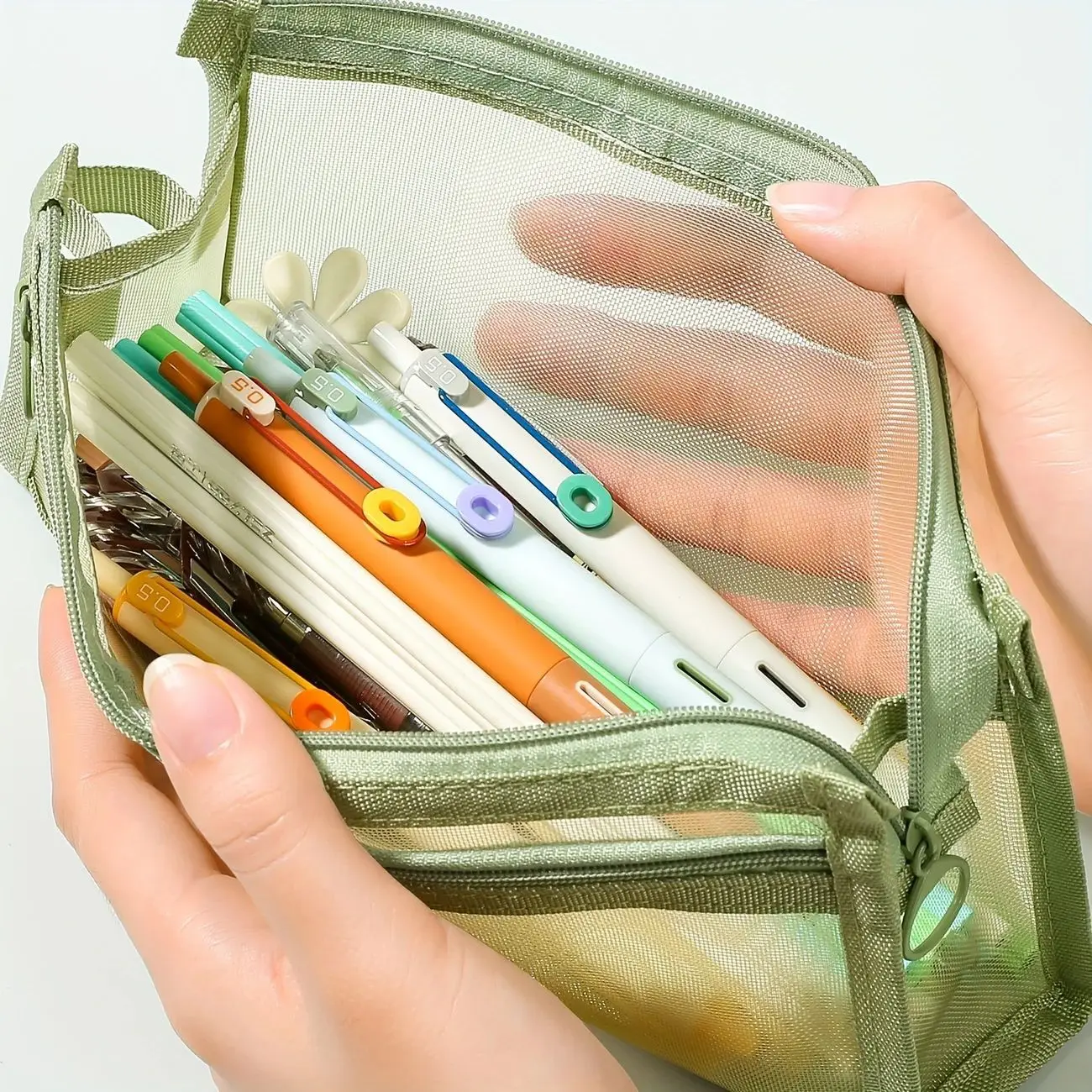 Double-Layer Transparent Mesh Grid Pencil Case , Zipper Pen Storage Pouch for Markers & School Desk Organizer