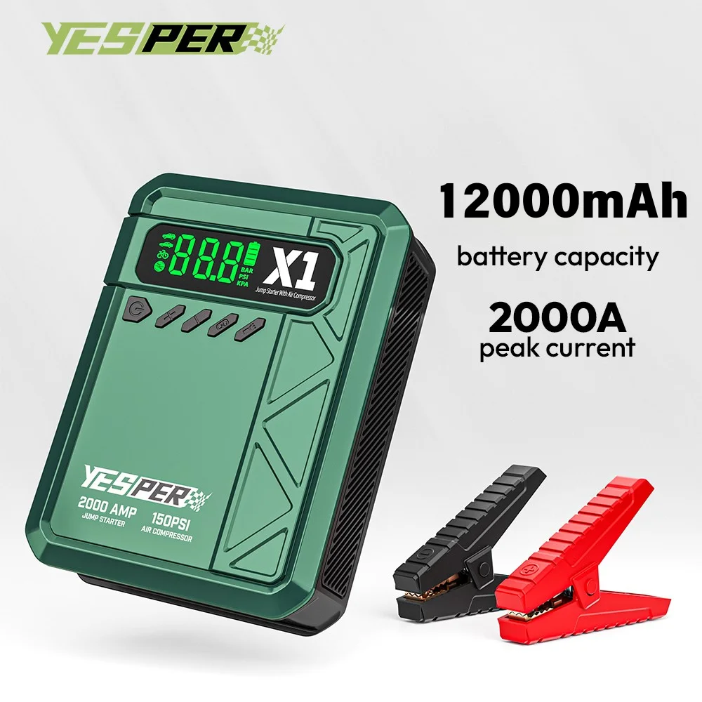 YESPER 2000A 150PSI Jump Starter for 8L Gas 6L Diesel, 12V Battery Booster Portable Air Compressor Pump LCD Screen Car Tool