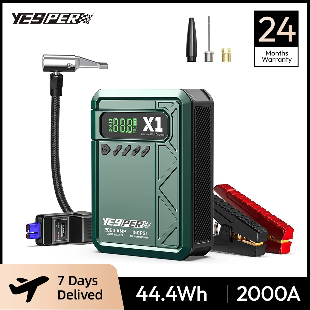 YESPER 2000A Jump Starter & 150PSI Air Compressor – 12000mAh Power Bank with LED Screen, Tyre Inflator for 8L Gas/6L Diesel