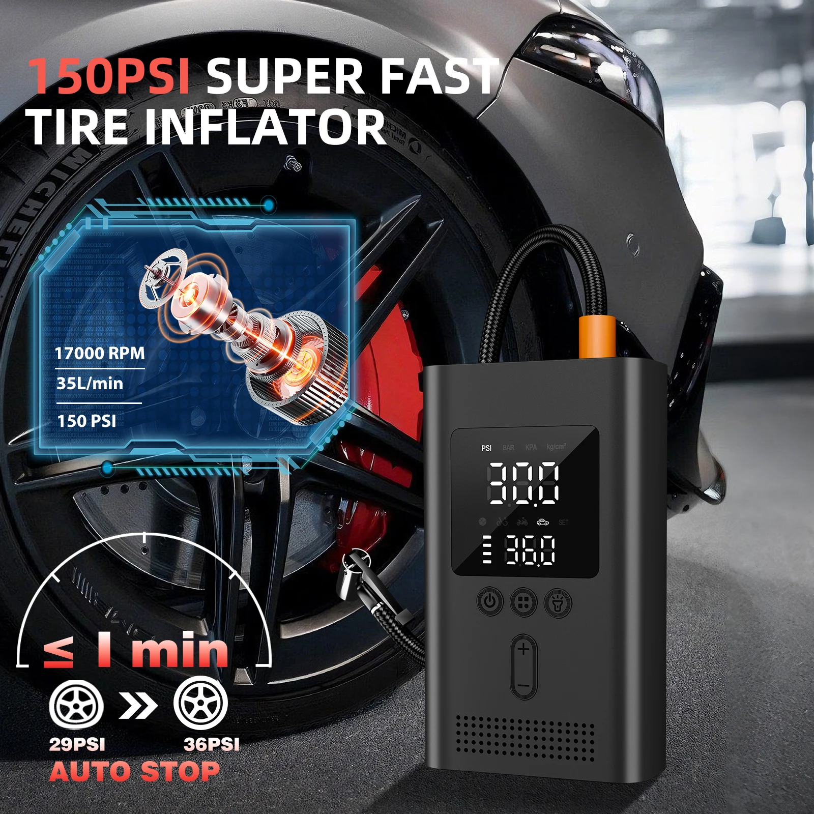 8000mAh Car Jump Starter with Tire Inflator, 150PSI Portable Air Compressor, 12V Auto Emergency Battery Booster for Car SUV