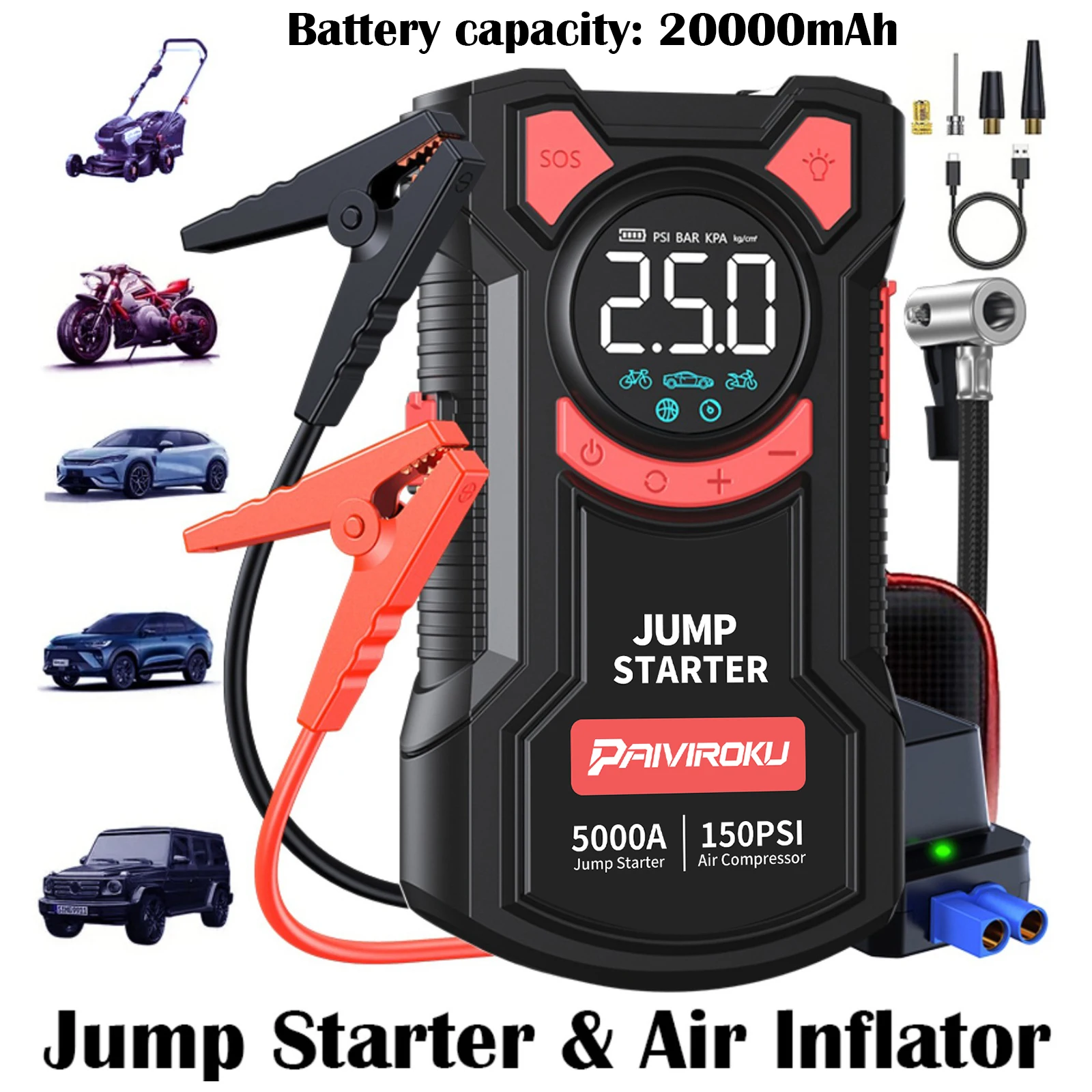 5-in-1 Jump Starter with Digital Tyre Inflator 3000A Peak Box 150PSI Battery Pack for Car Battery