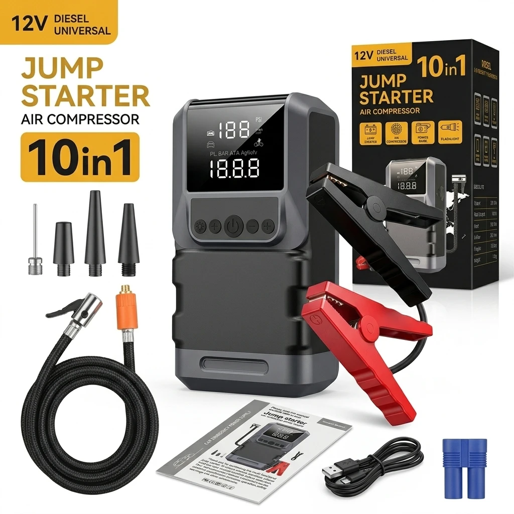 Car Jump Starter 5000A 150PSI Air Compressor 12V Battery Booster 99800mAh Portable Power Bank 10‑in‑1 Emergency Jump Starter Kit