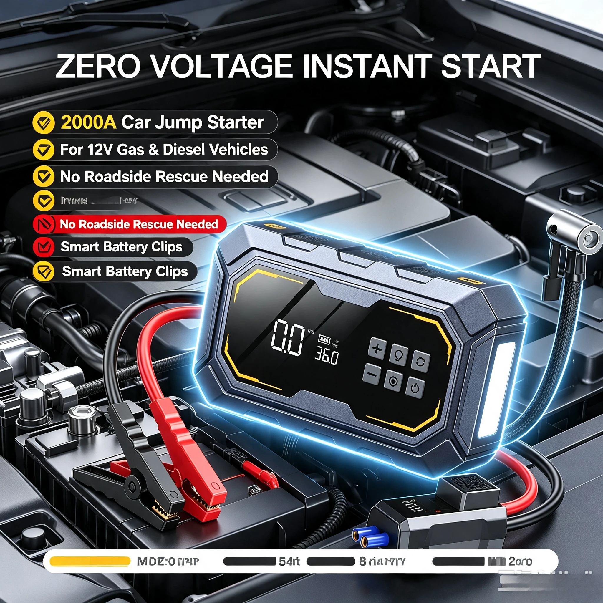 4 In 1 12V 10000mAh Car Jump Starter 150PSI Air Compressor Tire Inflator Portable Power Bank LED SOS Light Emergency Booster