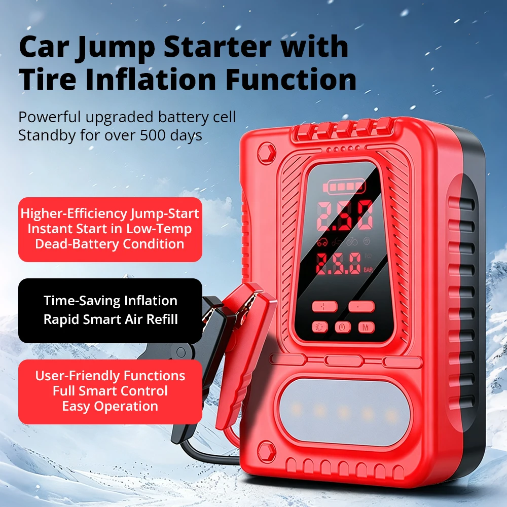 4-IN-1 Car Jump Starter with Air Compressor Car Auto Battery Booster Device 150PSI Air Pump Portable Power Bank Tire Inflator