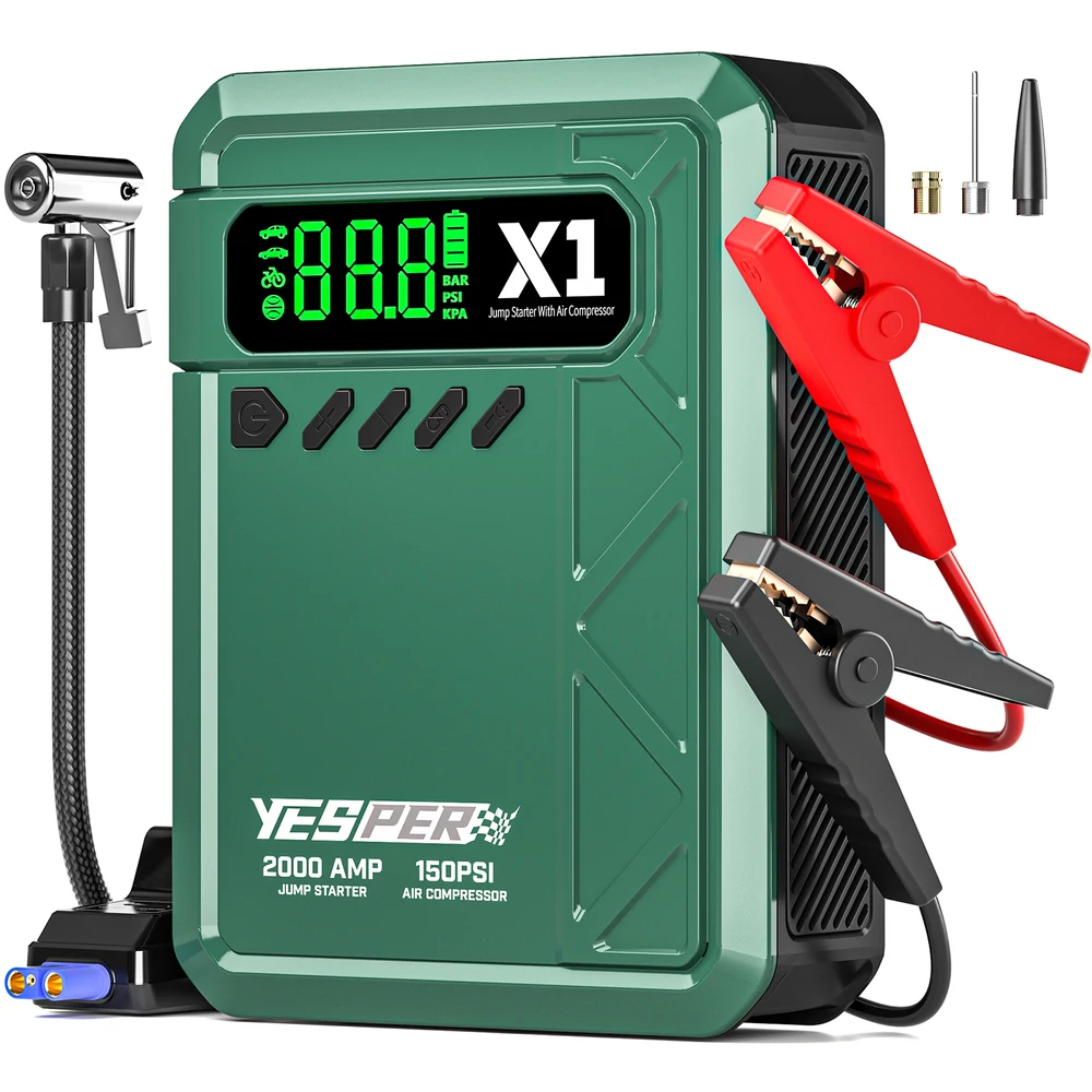 YESPER 2000A Jump Starter & 150PSI Air Compressor, Cold-Resistant -20°C, 12V for 8L Gas / 6L Diesel Trucks, LCD Display