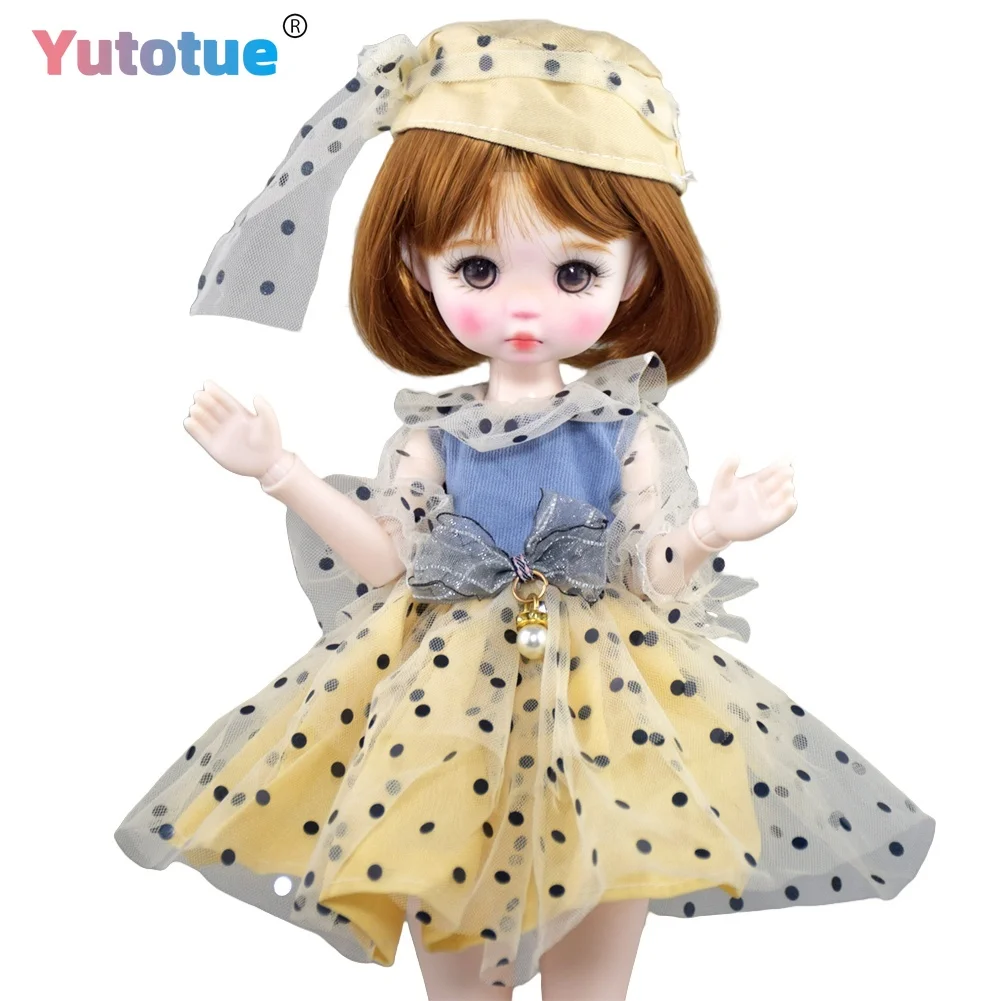 YUTOTUE 12 inch Height Cute Girl Doll Toy Handpainted Makeup Short Hair Dress Shoes Full Set Mini BJD Doll