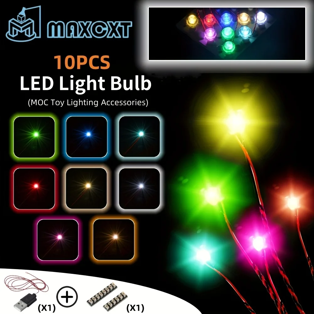 10pcs 5.91in LED Lights Multi-Color Light Up Accessories with 0.98in Black Cables & 3.5mm Power Adapter for Toy Building Blocks