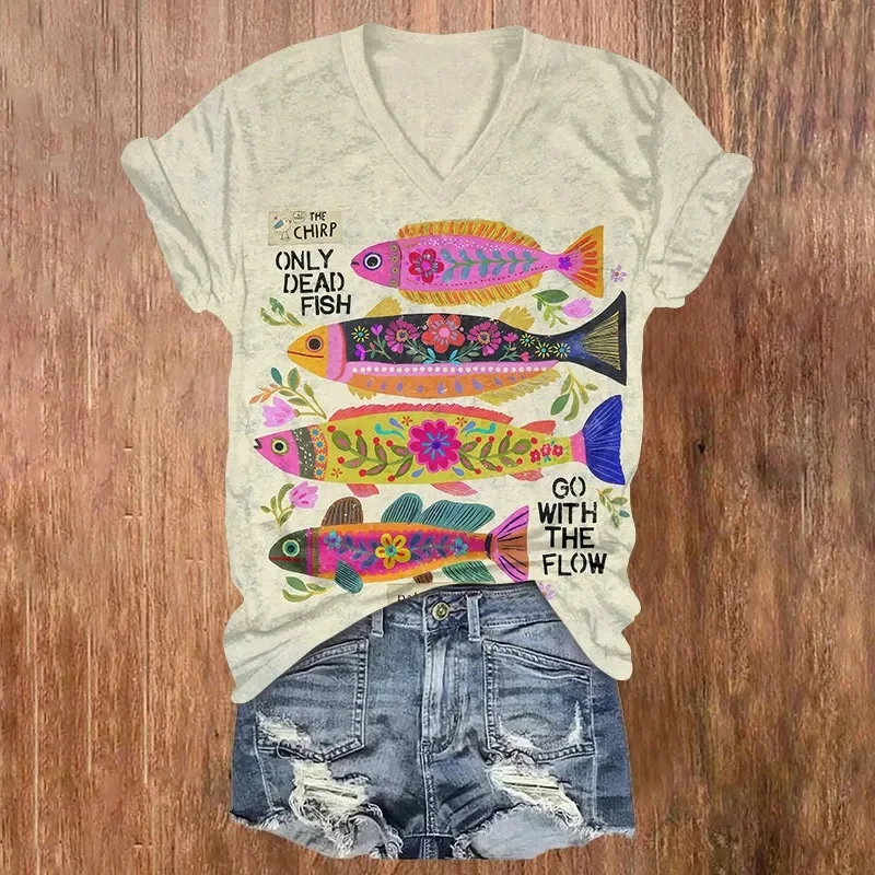 Vintage Funny Floral Fish Print Short Sleeved V-neck T-shirt Summer Women's T Shirts
