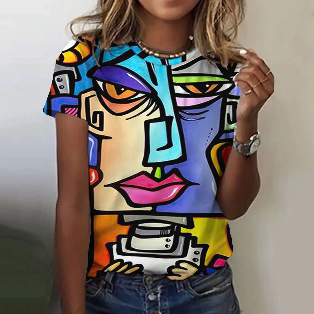 Funny 3D Abstract Character Print Women's T-Shirts Fashion O-neck Short Sleeve Tops Girl shirt Summer Loose Tees Ladies Clothing