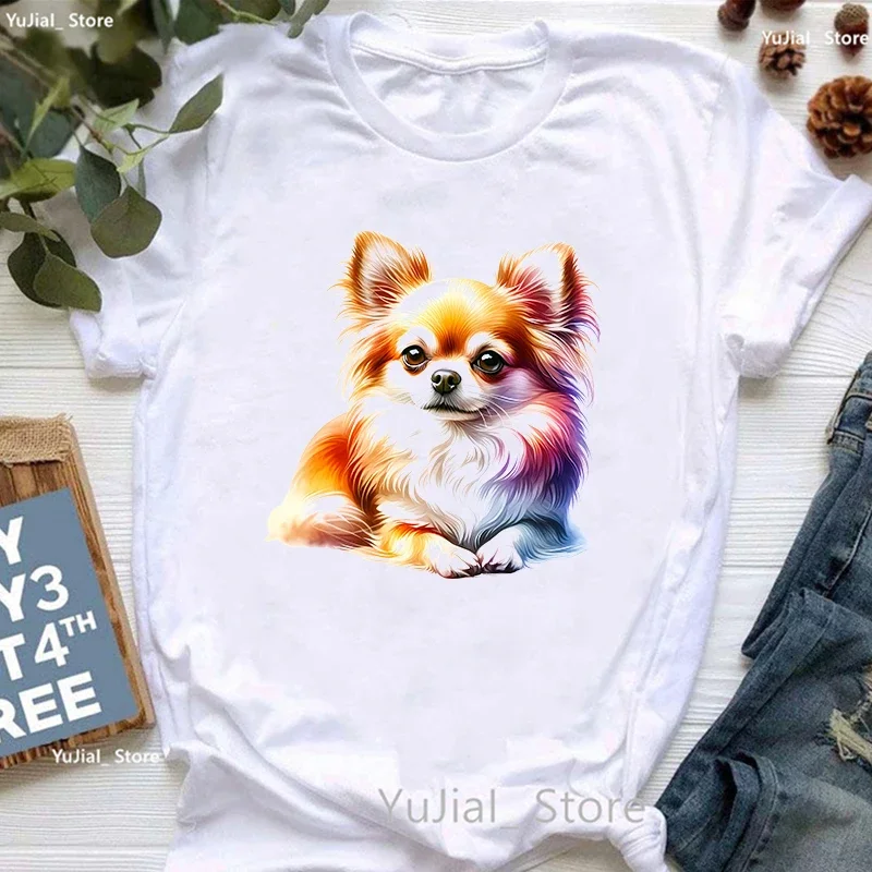 Cute Funny Tshirt Women Chihuahua Longhaired Animal Print T Shirt Girls Harajuku Kawaii Clothes Summer T-Shirt