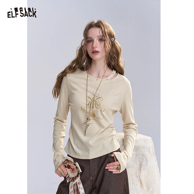 ELFSACK Women's Graphic Long Sleeve Tee with Candle Print, Asymmetrical Neck Ruched Crop Top, Casual Slim Fit T-Shirt