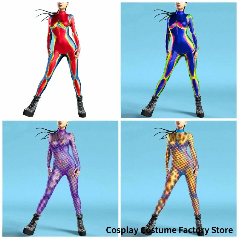 Halloween Multiple Women's Colorful Mixed Jumpsuit Thumb Sleeve Slim Fit Cosplay Costume Front Zipper Bodysuit Burning Man Suit