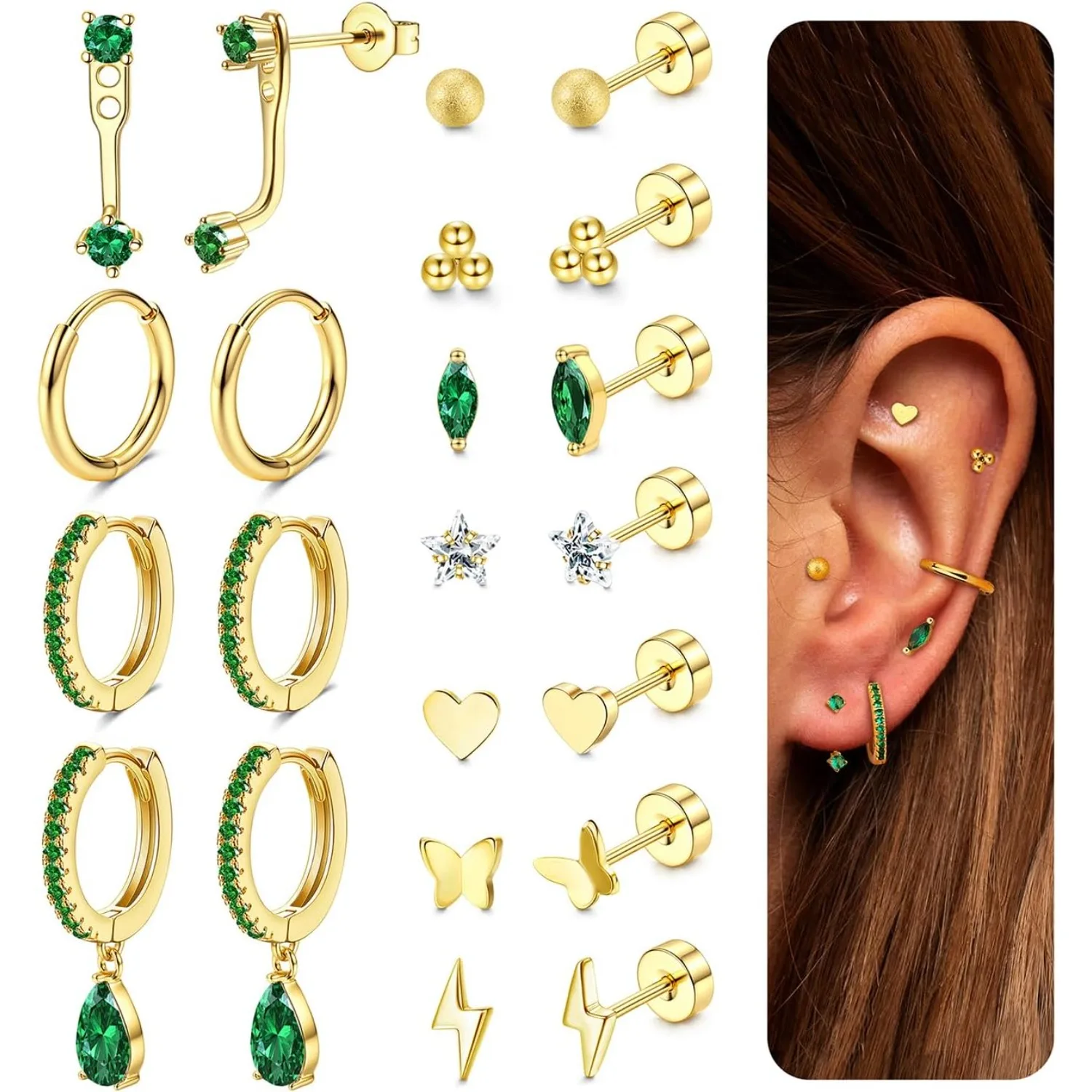 Drperfect 11Pairs Cartilage Flat Back Set 14k Gold Plated Earrings for Women Dainty Small Hoop Earring Set for Multiple Piercing